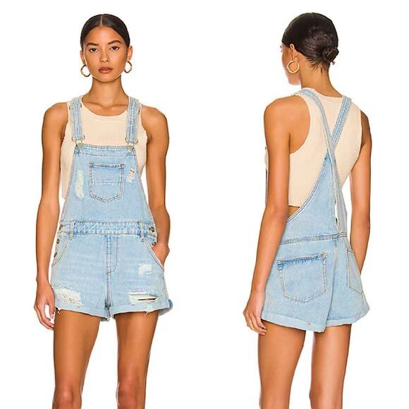 Revolve Superdown Meghan Distressed Short Overalls Shortall Denim Light Wash L - Picture 1 of 9